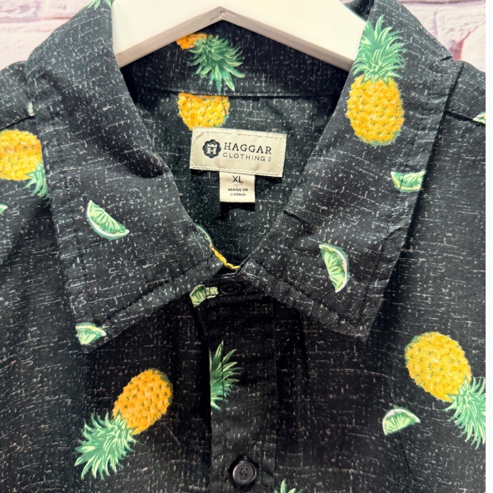 Haggar Button Up Shirt Mens XL Black Pineapple Tropical Aloha Summer Casual Top - Picture 7 of 8